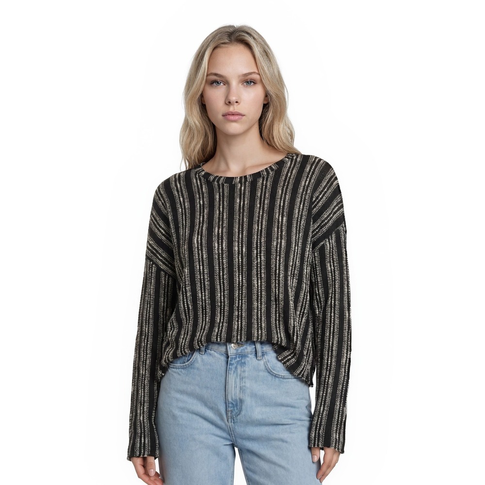 Storia Sweater Women's Size Small‎ Black Striped Cropped Knit Scoop Neck Top